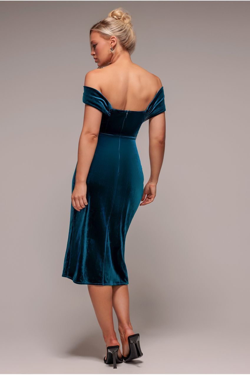 Draped Shoulder Velvet Corset Midi Dress - Tealblue DR4066