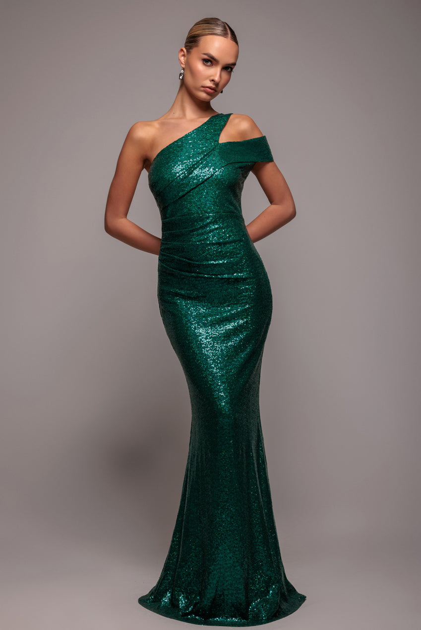 One Shoulder Sequin Evening Maxi - Emerald Green DR4069