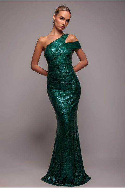 One Shoulder Sequin Evening Maxi - Emerald Green by Goddiva