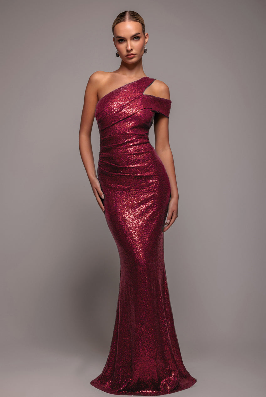 One Shoulder Sequin Evening Maxi - Wine DR4069