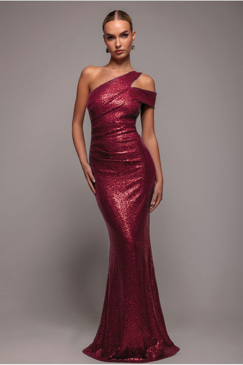 One Shoulder Sequin Evening Maxi - Wine by Goddiva