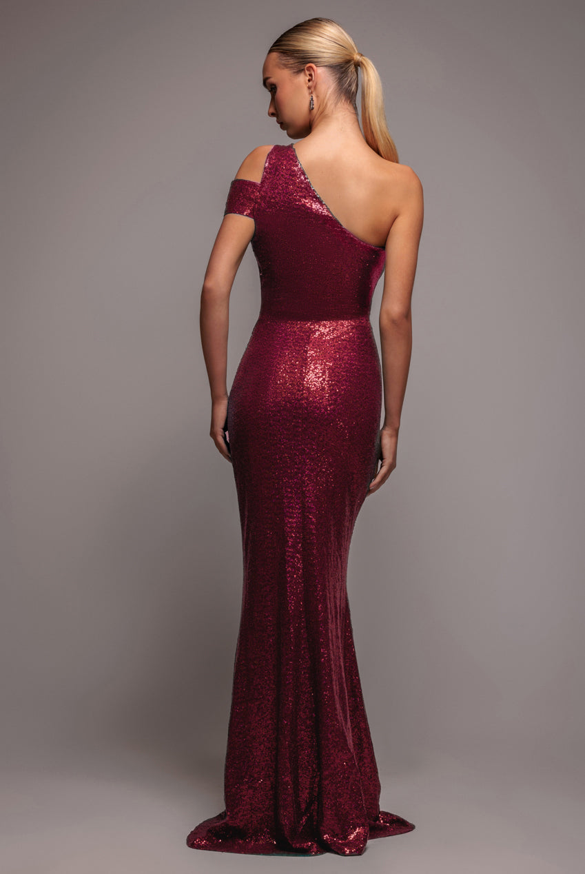 One Shoulder Sequin Evening Maxi - Wine DR4069