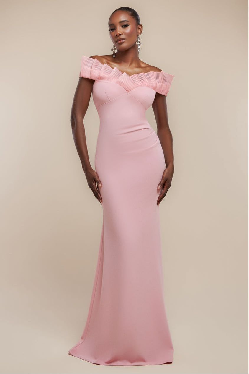Fan Pleated Bardot Scuba Crepe Maxi Dress - Blush Pink DR4070