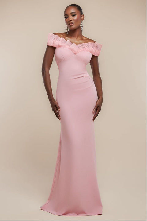 Fan Pleated Bardot Scuba Crepe Maxi Dress - Blush Pink by Goddiva