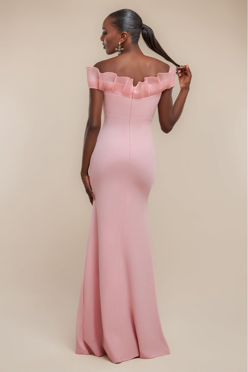 Fan Pleated Bardot Scuba Crepe Maxi Dress - Blush Pink DR4070