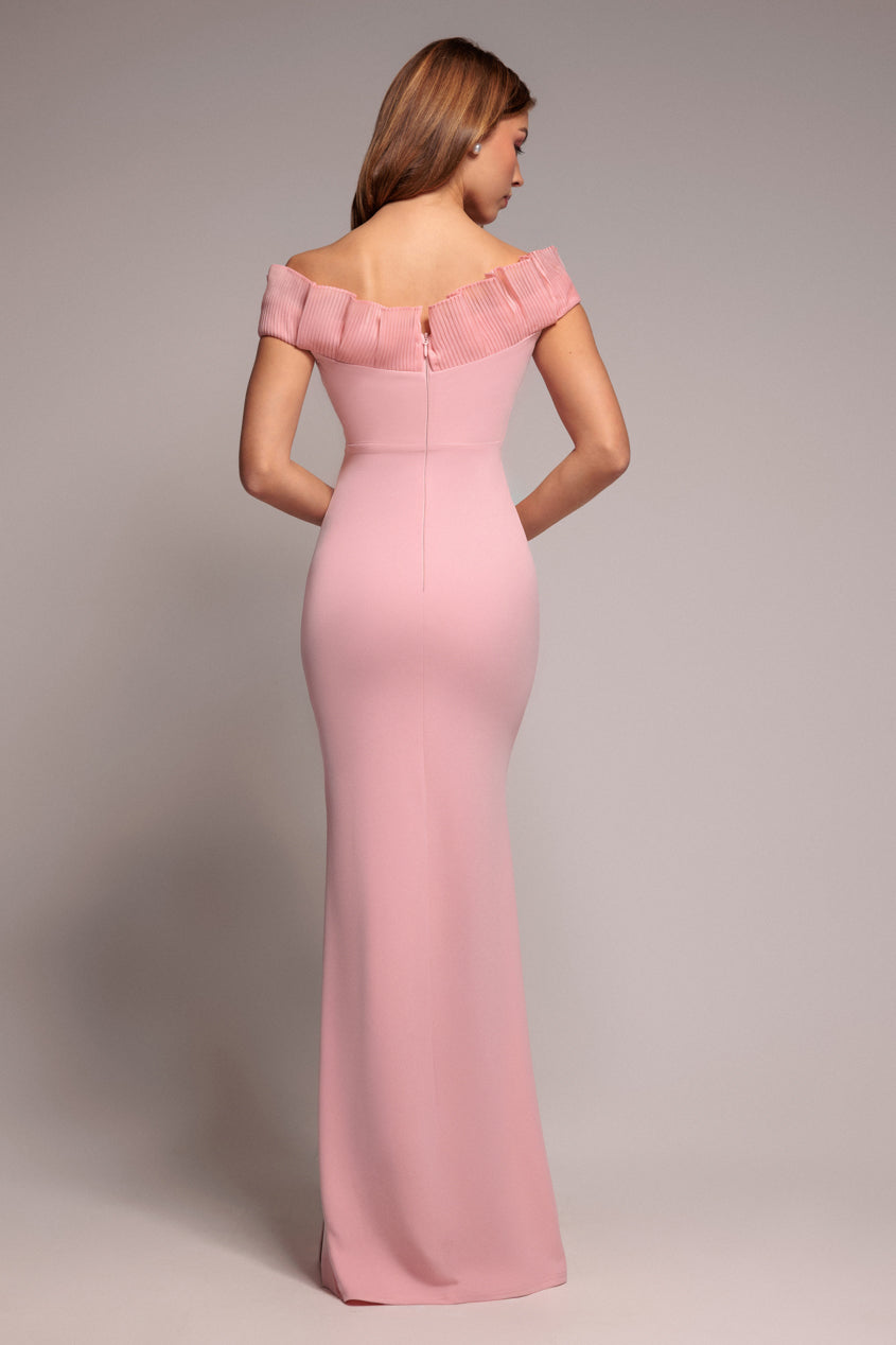 Fan Pleated Bardot Scuba Crepe Maxi Dress - Blush Pink DR4070