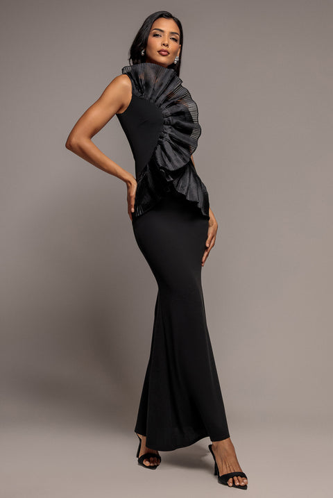 One Shoulder Pleated Fan Maxi Dress - Black by Goddiva