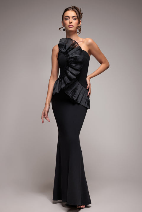 One Shoulder Pleated Fan Maxi Dress - Black by Goddiva