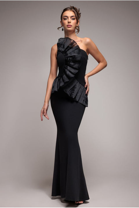 One Shoulder Pleated Fan Maxi Dress - Black by Goddiva