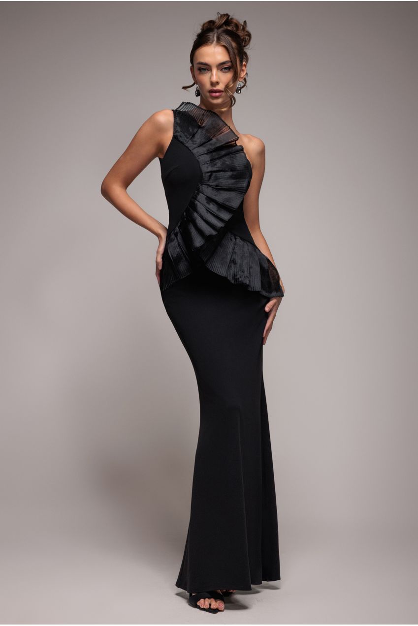 One Shoulder Pleated Fan Maxi Dress - Black DR4075