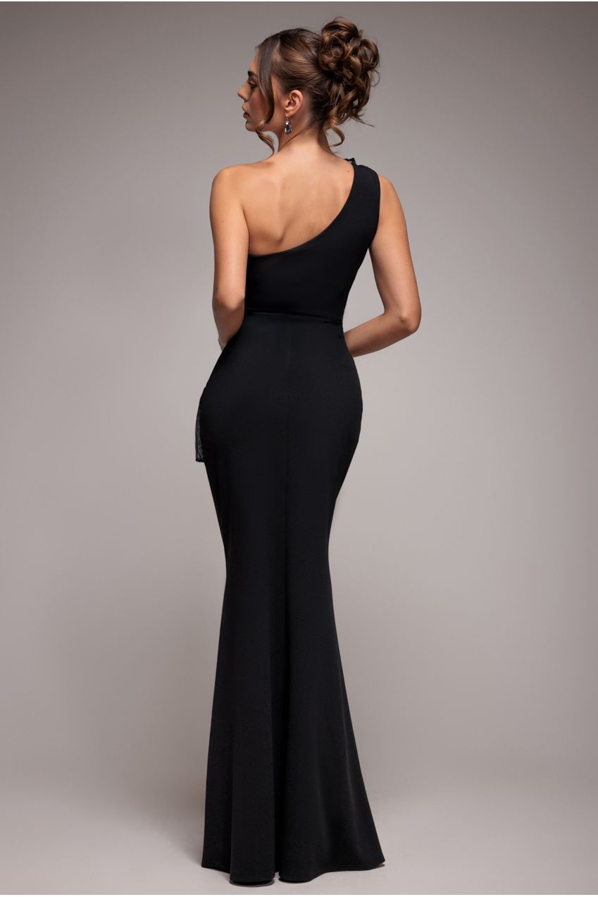 One Shoulder Pleated Fan Maxi Dress - Black DR4075