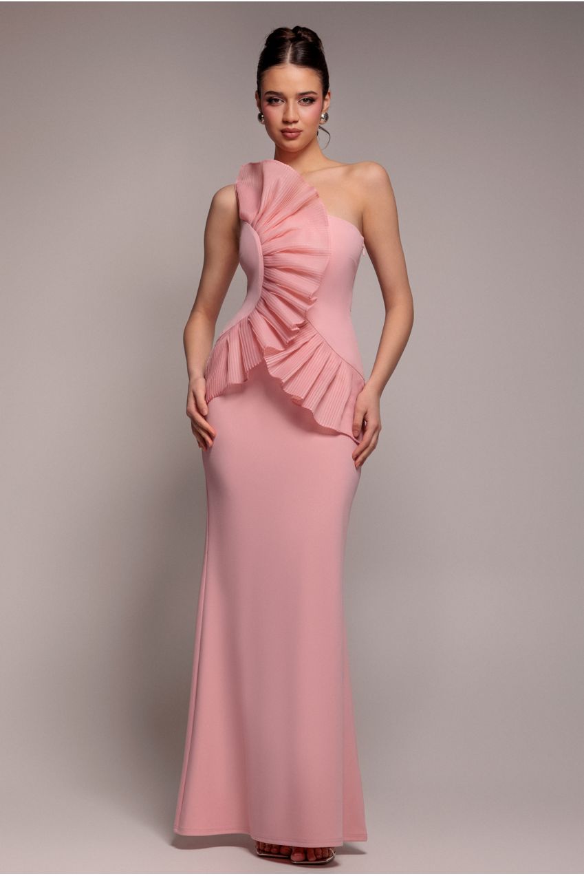 One Shoulder Pleated Fan Maxi Dress - Blush Pink DR4075