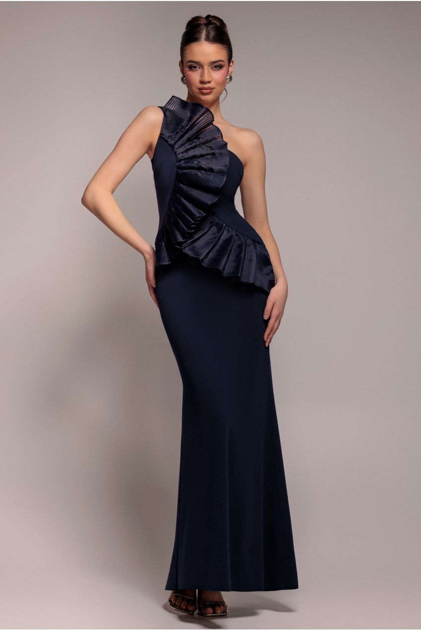 One Shoulder Pleated Fan Maxi Dress - Navy Blue DR4075