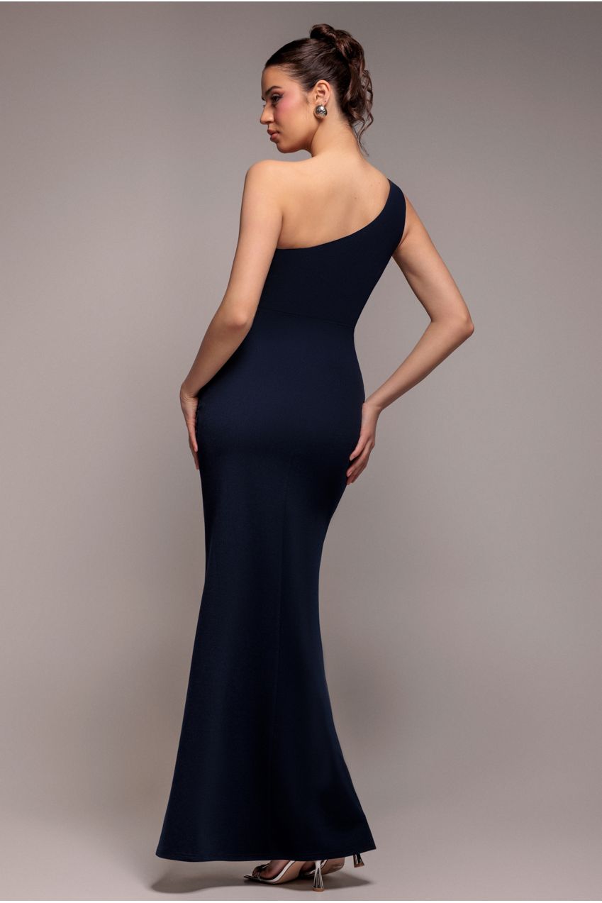 One Shoulder Pleated Fan Maxi Dress - Navy Blue DR4075