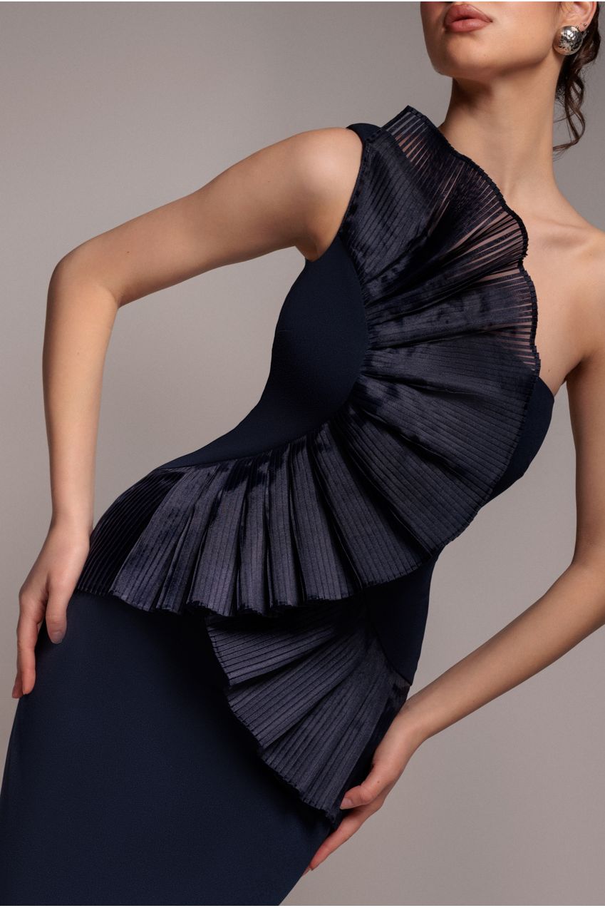 One Shoulder Pleated Fan Maxi Dress - Navy Blue DR4075