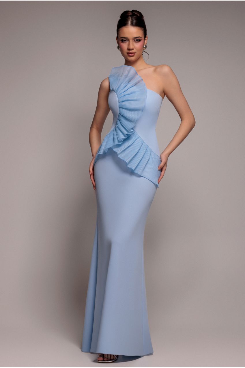 One Shoulder Pleated Fan Maxi Dress - Powder Blue DR4075