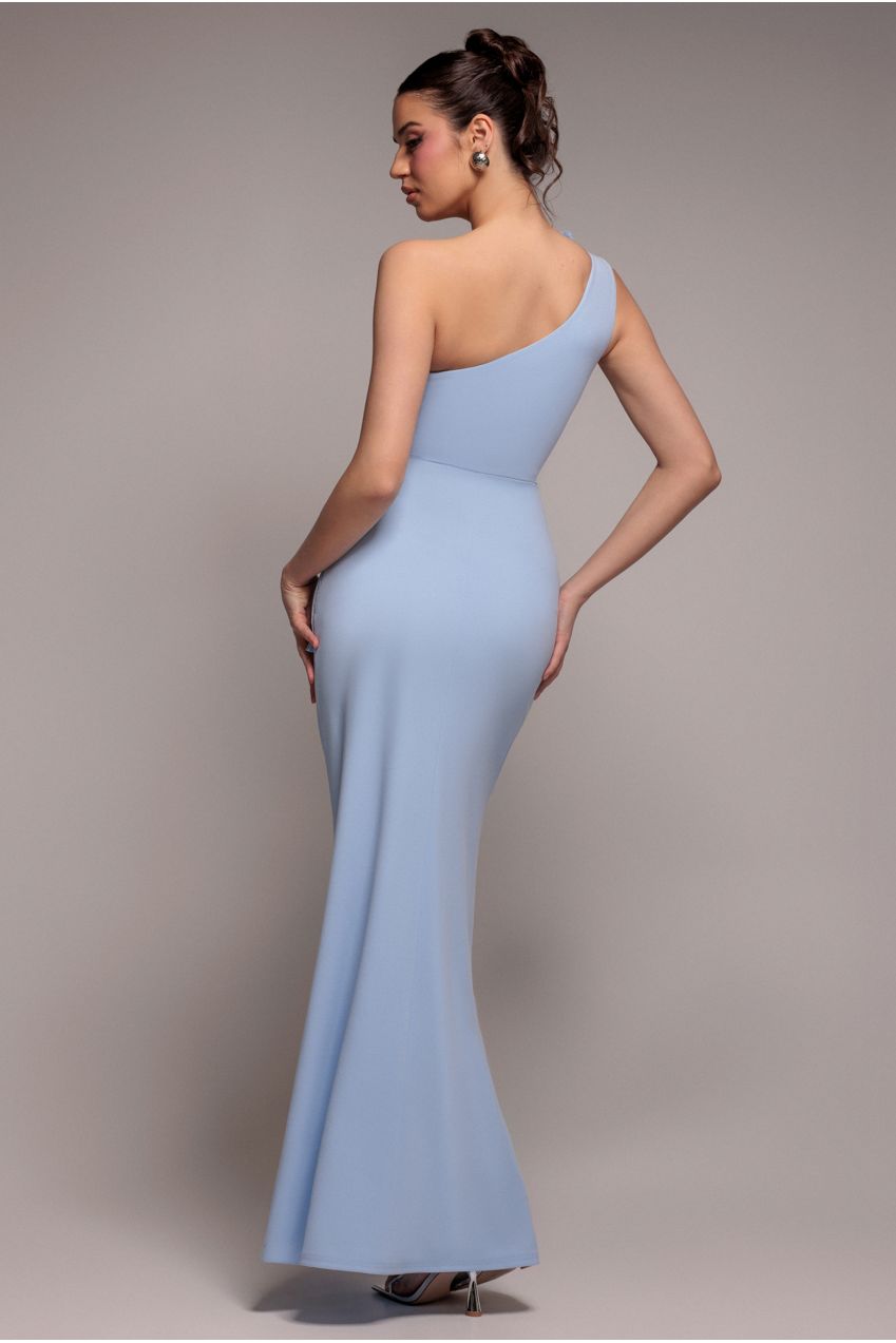 One Shoulder Pleated Fan Maxi Dress - Powder Blue DR4075