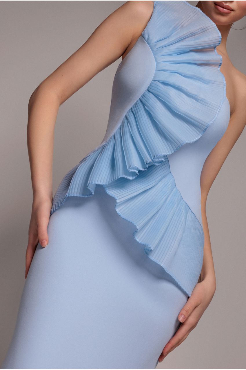 One Shoulder Pleated Fan Maxi Dress - Powder Blue DR4075