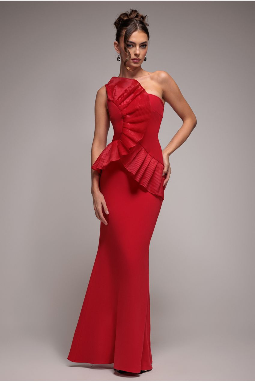 One Shoulder Pleated Fan Maxi Dress - Red DR4075