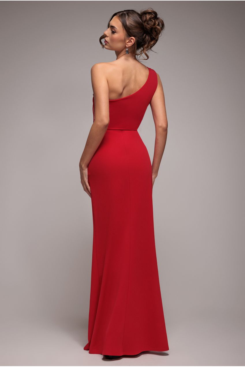 One Shoulder Pleated Fan Maxi Dress - Red DR4075