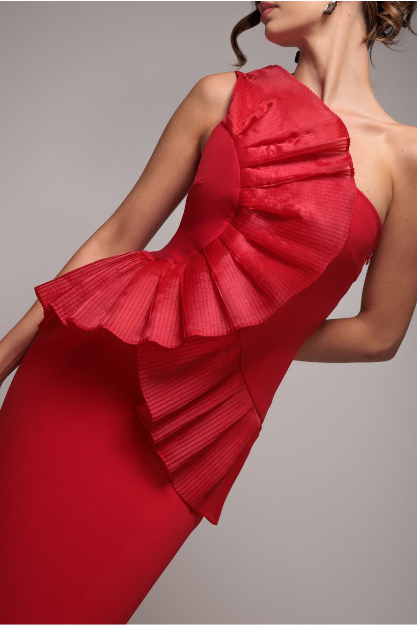 One Shoulder Pleated Fan Maxi Dress - Red DR4075