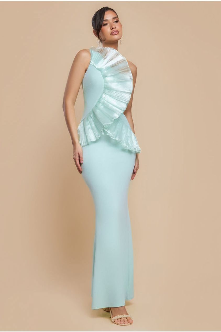One Shoulder Pleated Fan Maxi Dress - Mint Green DR4075