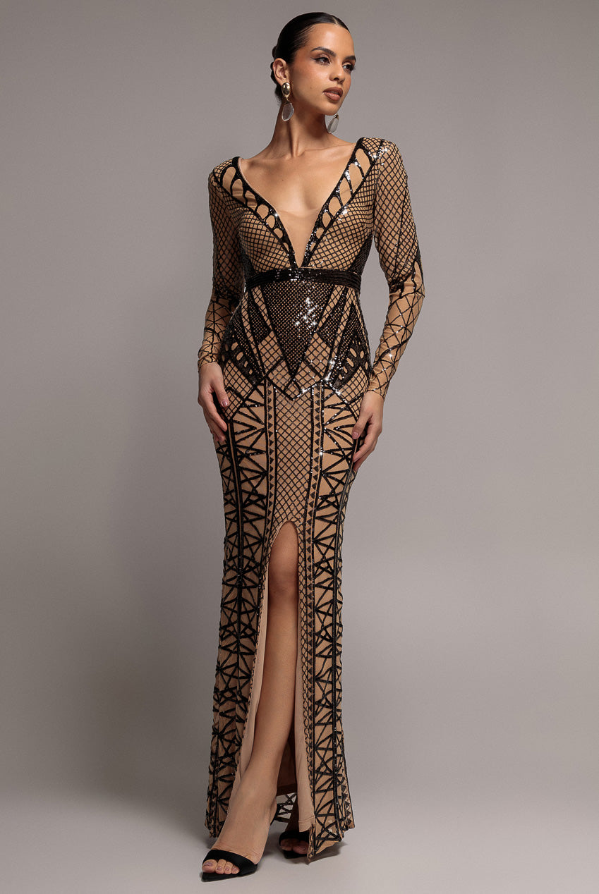 Geometric Sequin Plunge Maxi - Black DR4081