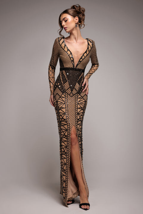Geometric Sequin Plunge Maxi - Black by Goddiva