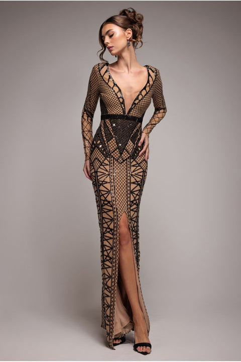 Geometric Sequin Plunge Maxi - Black by Goddiva