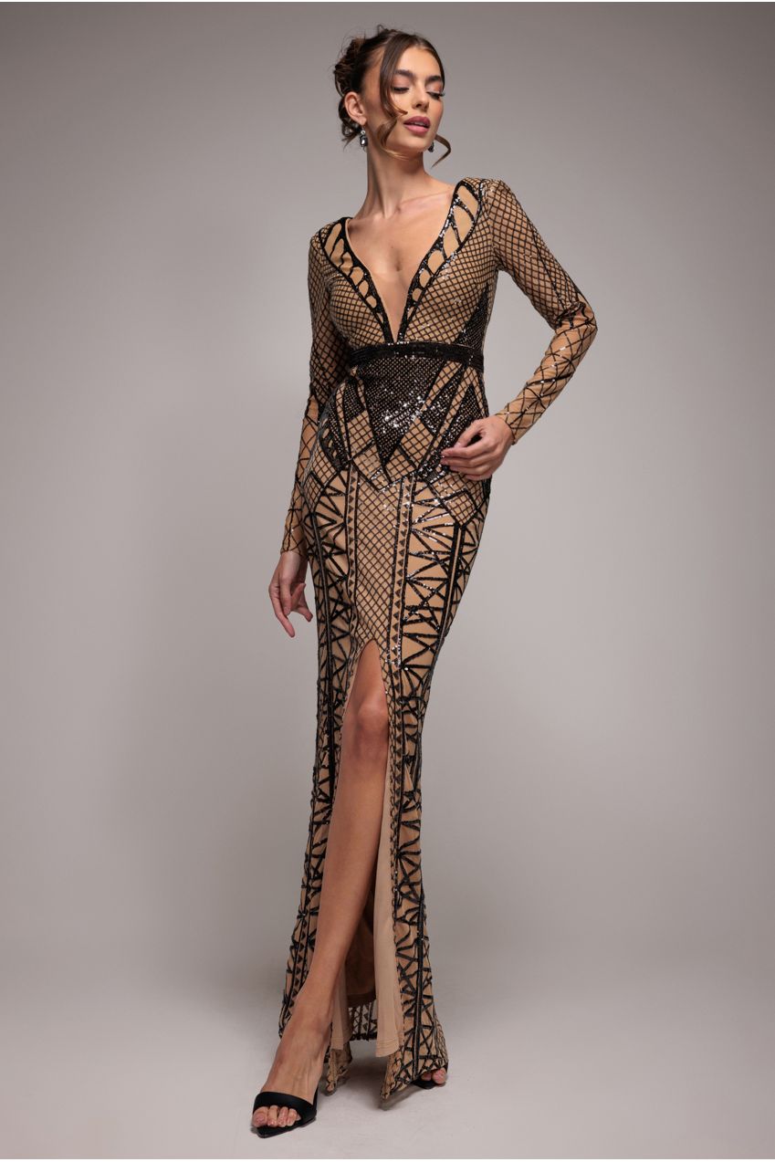 Geometric Sequin Plunge Maxi - Black DR4081