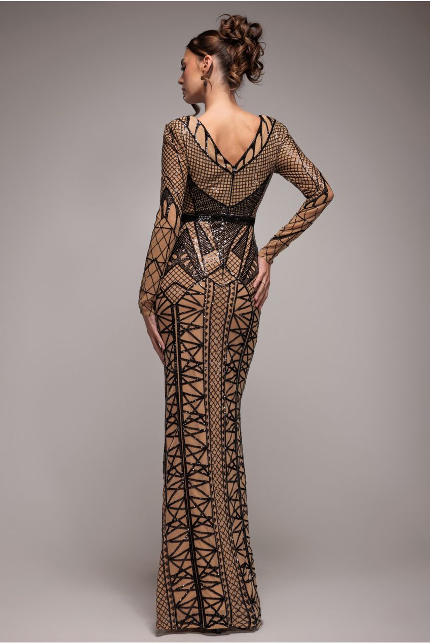 Geometric Sequin Plunge Maxi - Black DR4081