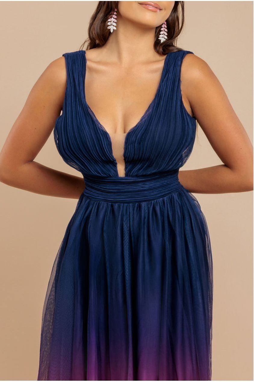 Sleeveless Ombre Pleated A-Line Maxi Dress - Pink Ombre DR4083