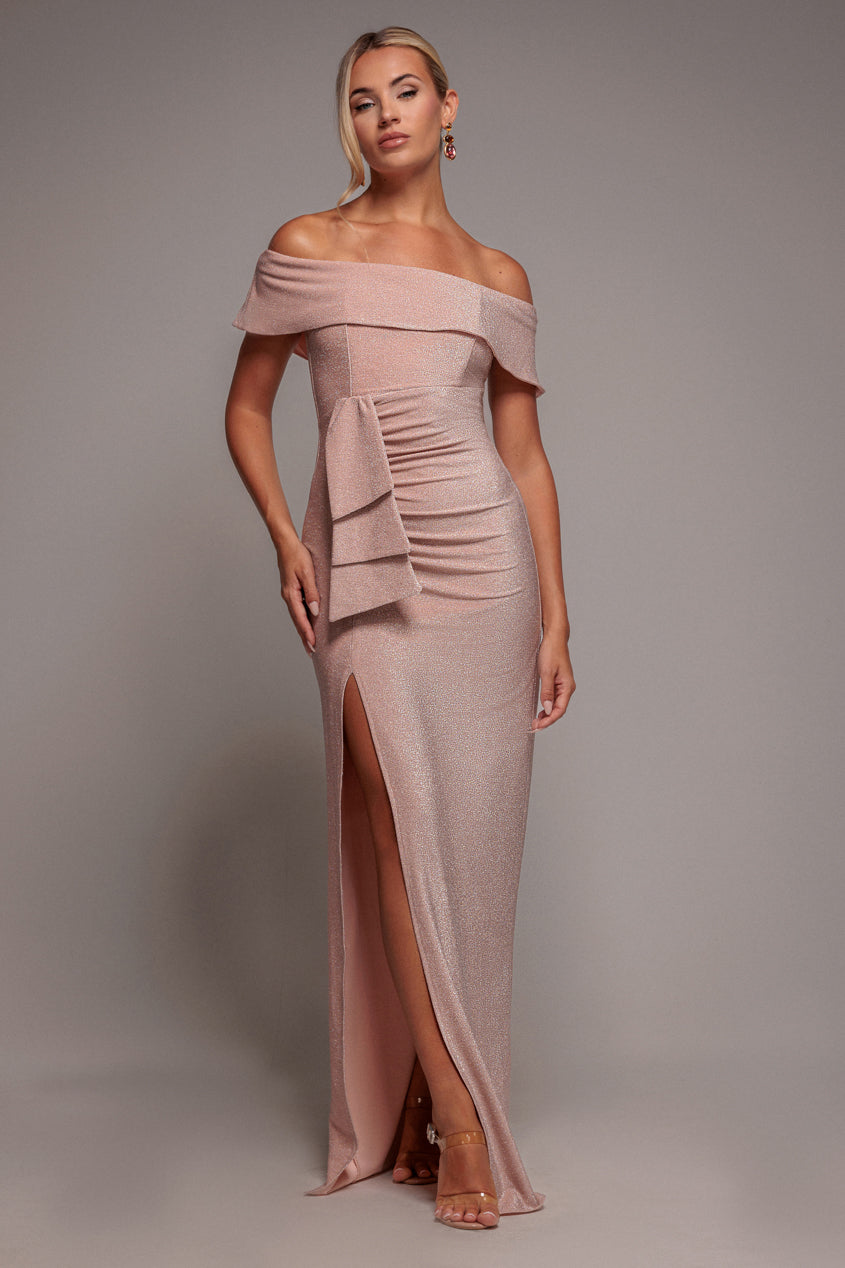 Lurex Bardot Maxi With Waterfall Ruffle - Blush DR4093