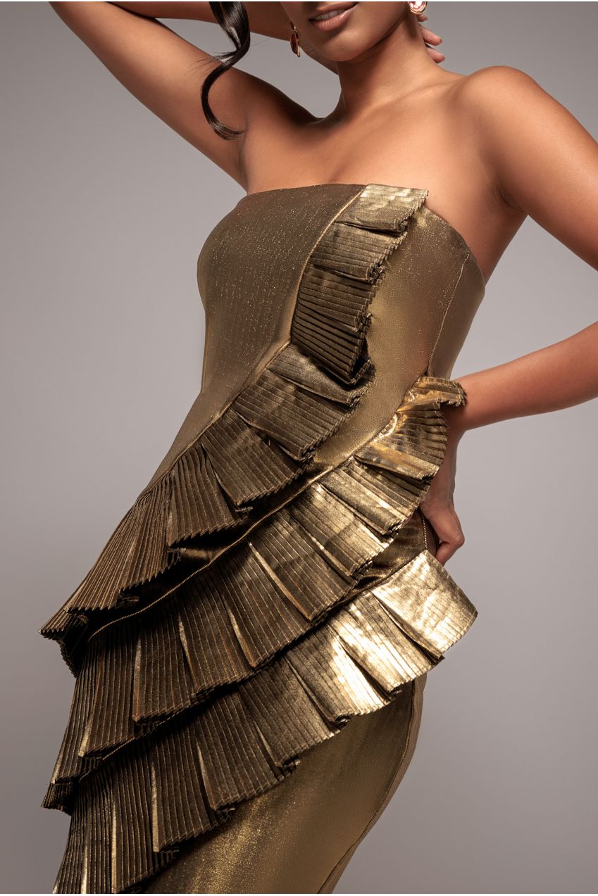 Fan Pleated Boobtube Scuba Crepe Mini - Gold DR4100