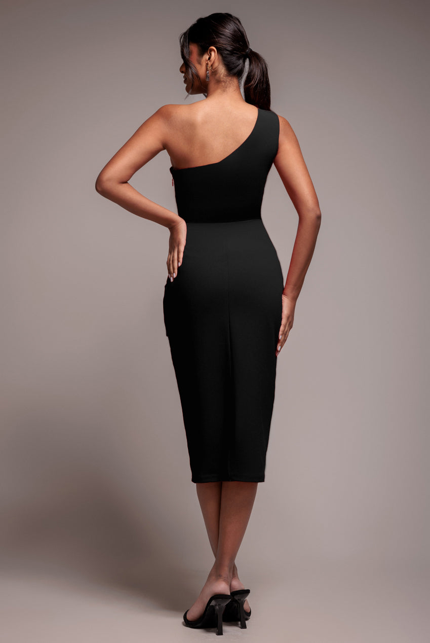 One Shoulder Pleated Fan Midi Dress - Black DR4103