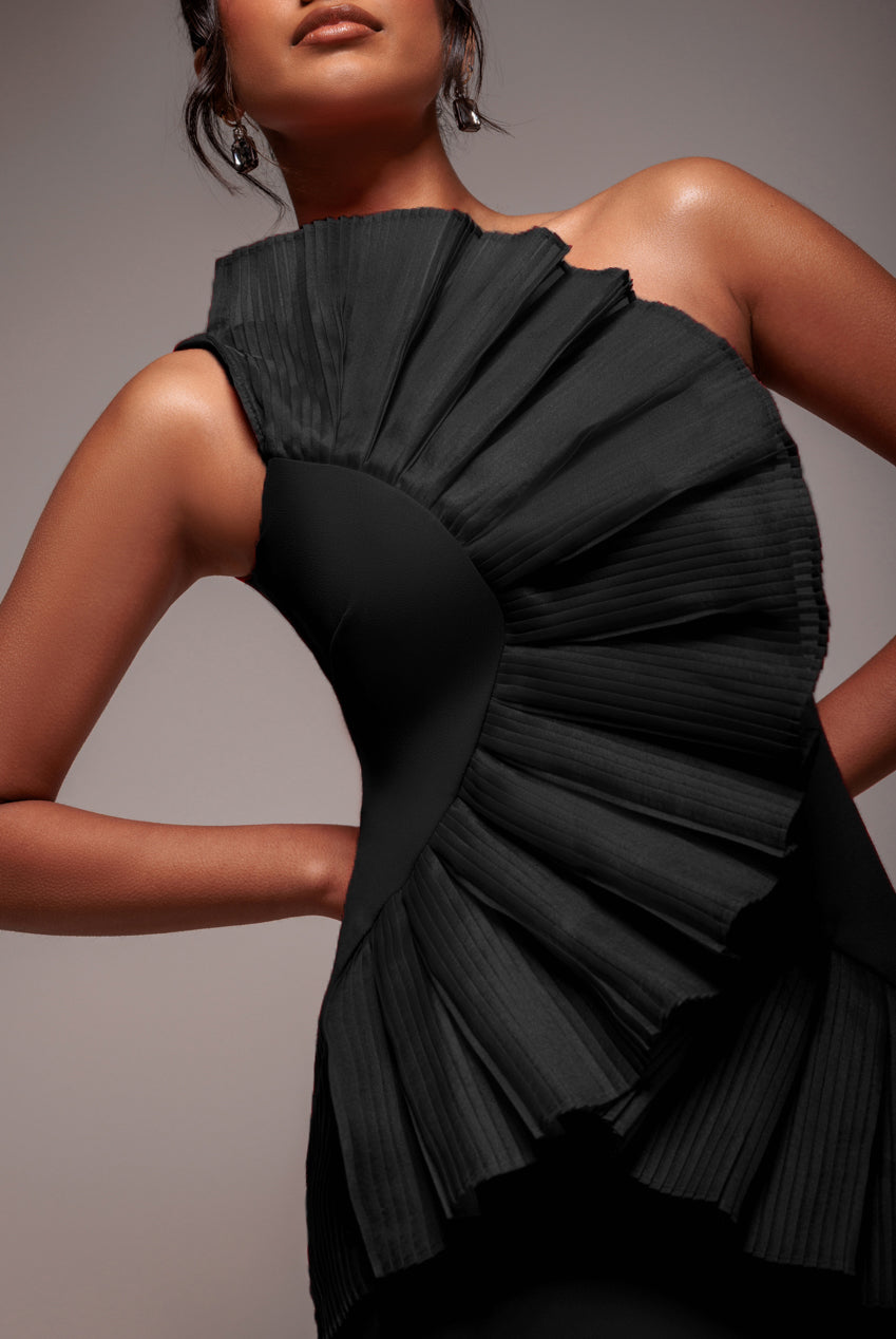One Shoulder Pleated Fan Midi Dress - Black DR4103