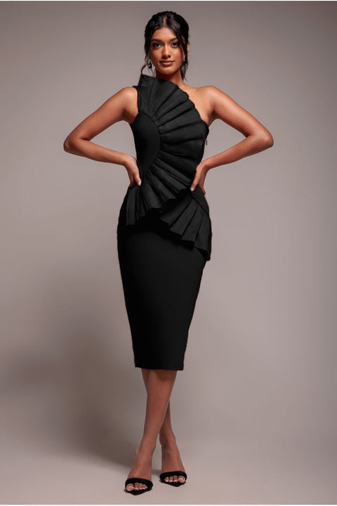 One Shoulder Pleated Fan Midi Dress - Black by Goddiva