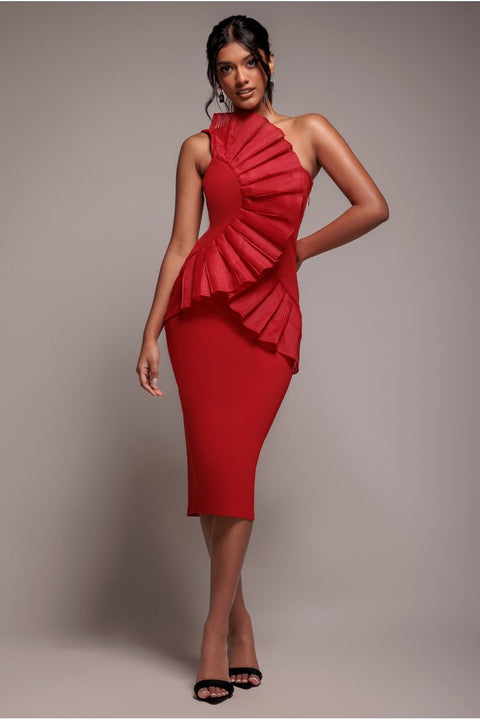 One Shoulder Pleated Fan Midi Dress - Red by Goddiva