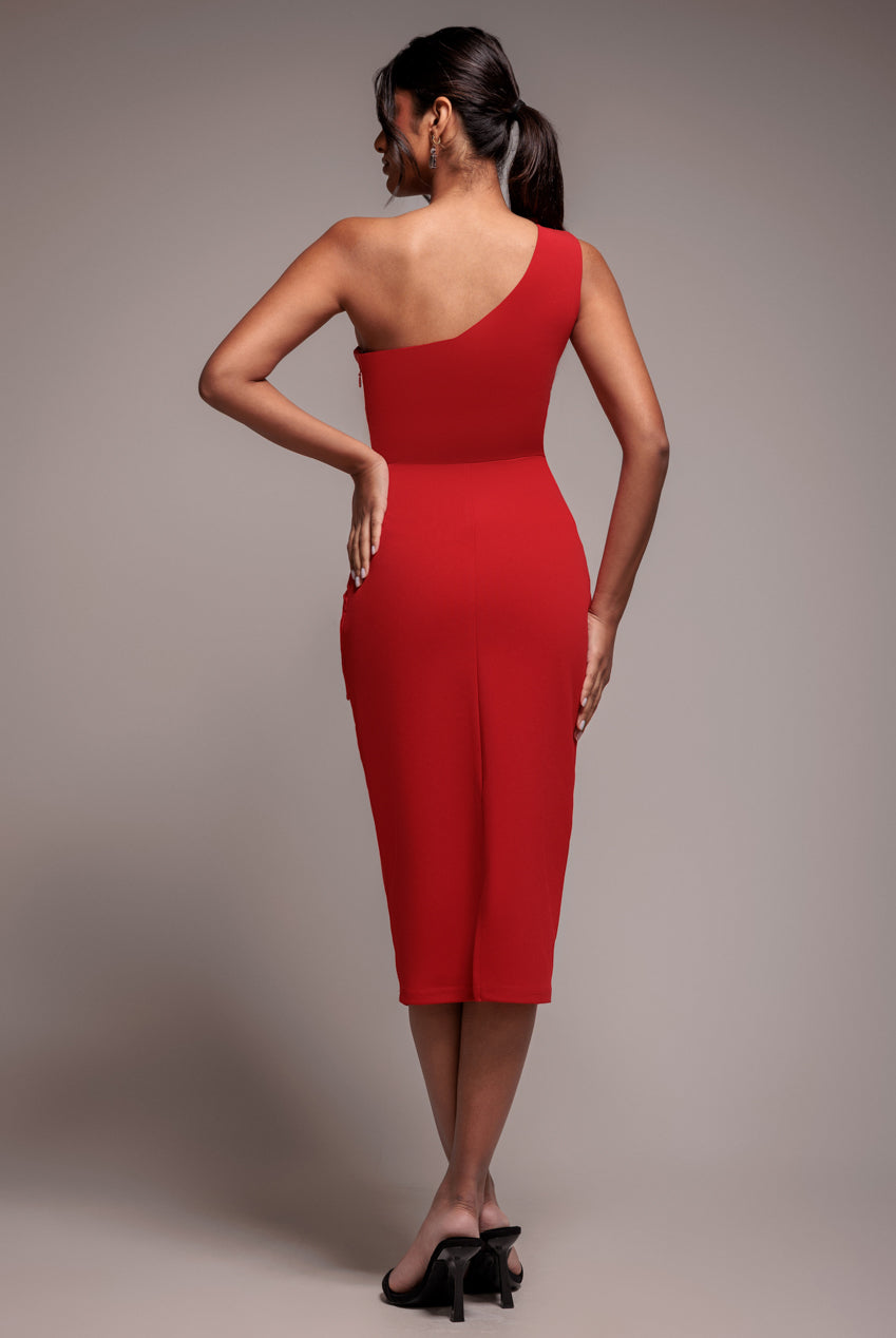 One Shoulder Pleated Fan Midi Dress - Red DR4103