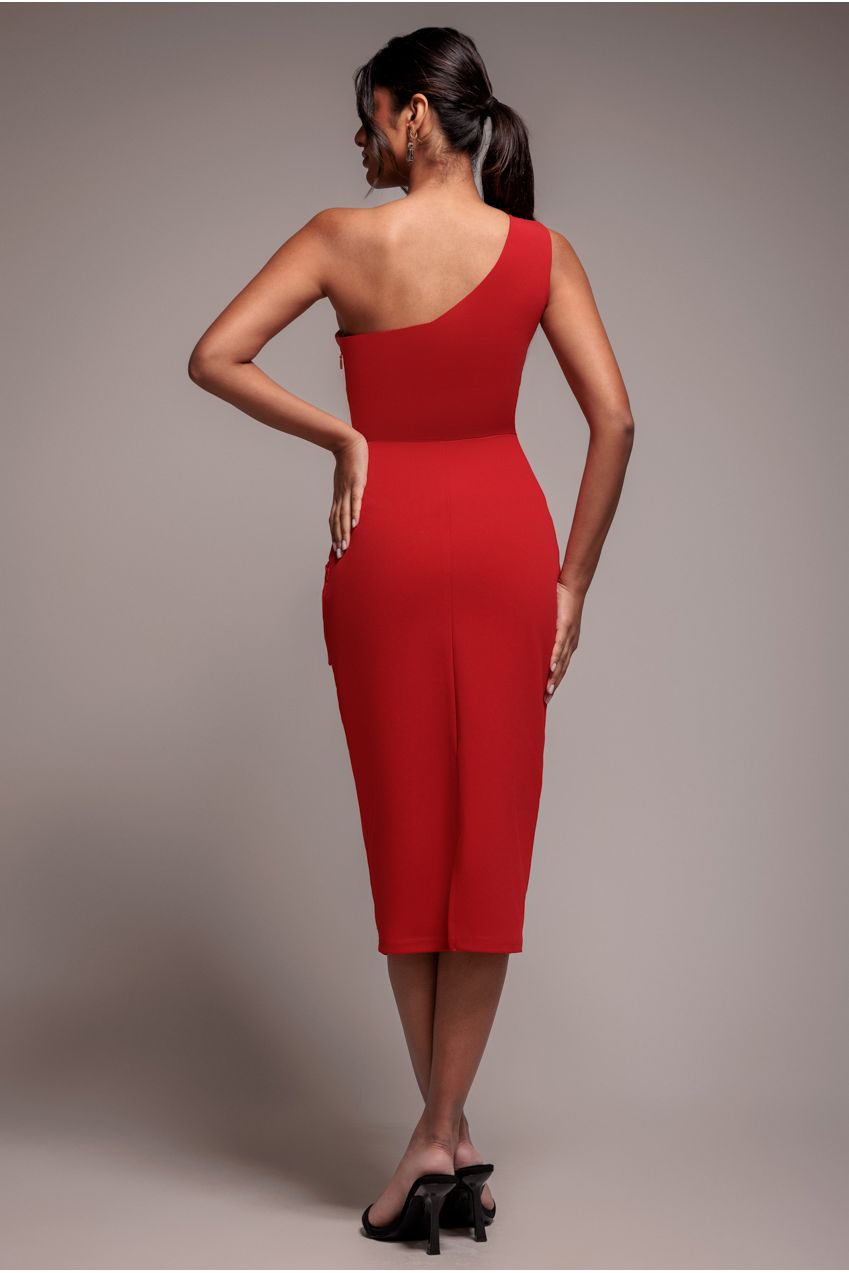 One Shoulder Pleated Fan Midi Dress - Red DR4103