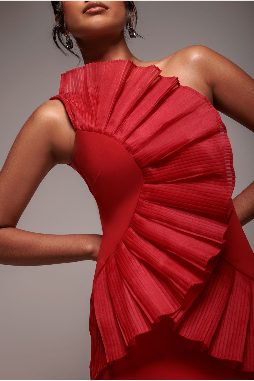 One Shoulder Pleated Fan Midi Dress - Red DR4103