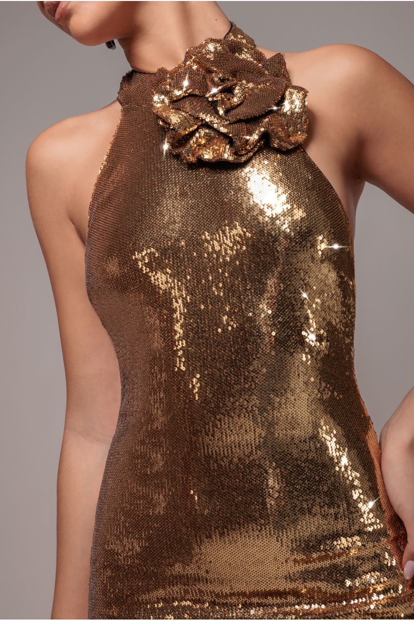 Liquid Sequin Halterneck Maxi With Corsage - Gold DR4104