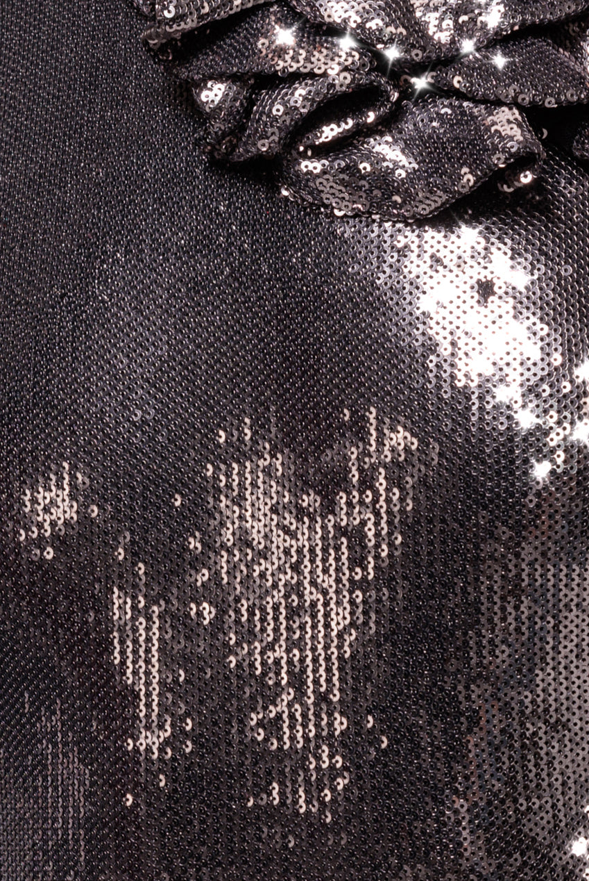 Liquid Sequin Halterneck Maxi With Corsage - Silver DR4104