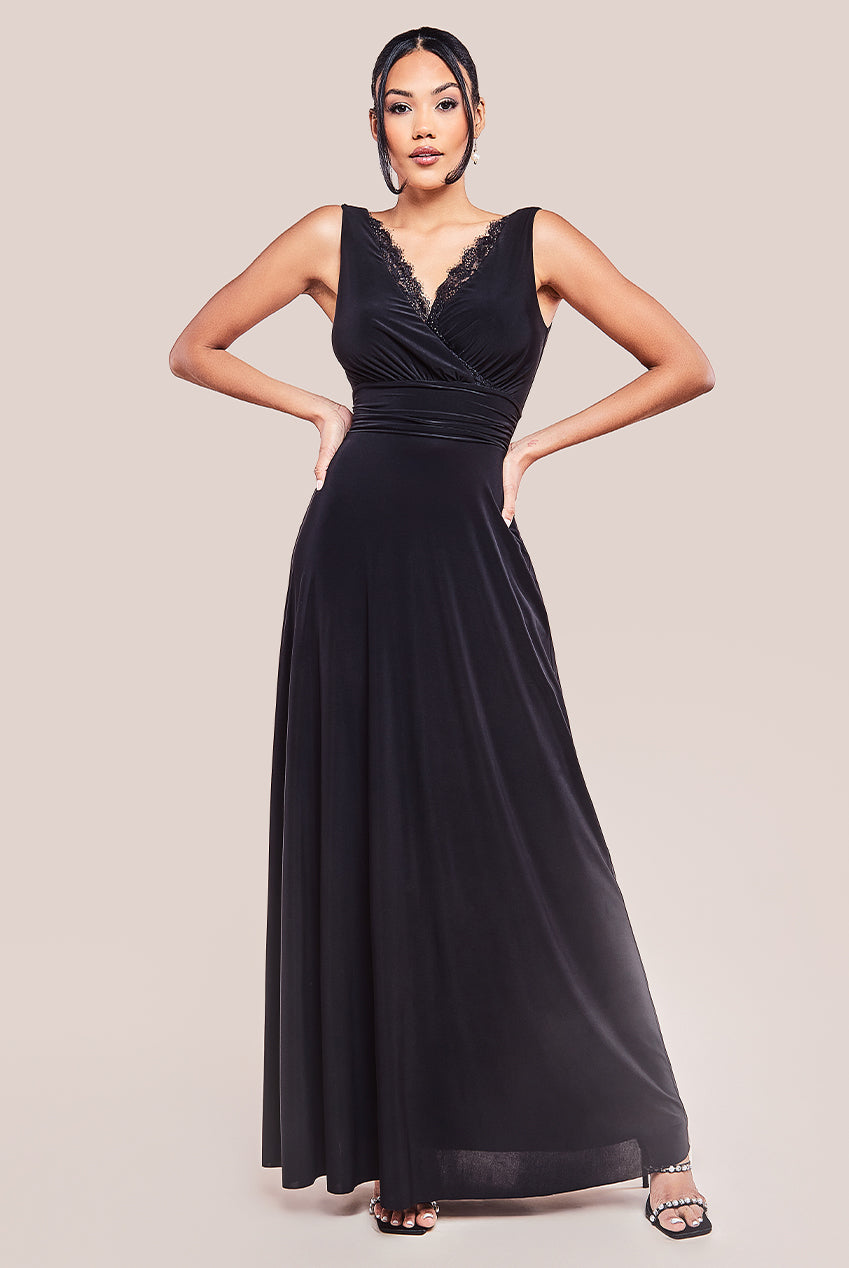 Diamante & Scalloped Lace Neck Maxi Dress - Black DR4120
