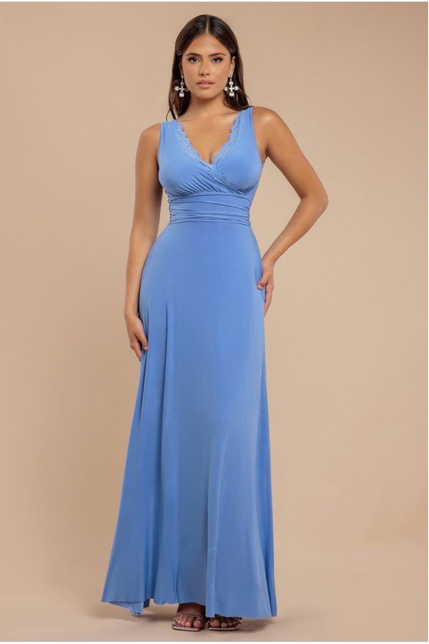 Diamante & Scalloped Lace Neck Maxi Dress - Cornflower Blue DR4120