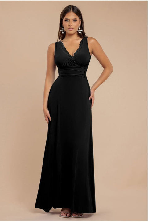 Diamante & Scalloped Lace Neck Maxi Dress - Black by Goddiva