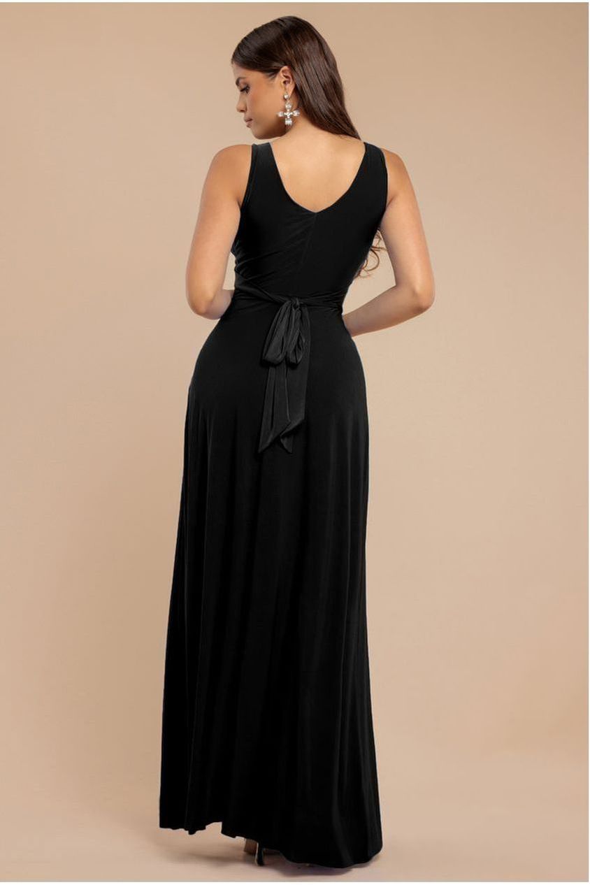 Diamante & Scalloped Lace Neck Maxi Dress - Black DR4120