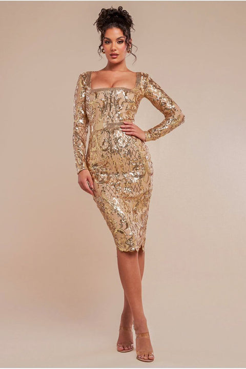 Sequin Square Neck Bodycon Midi Dress With Scalloped Hem - Gold by Goddiva