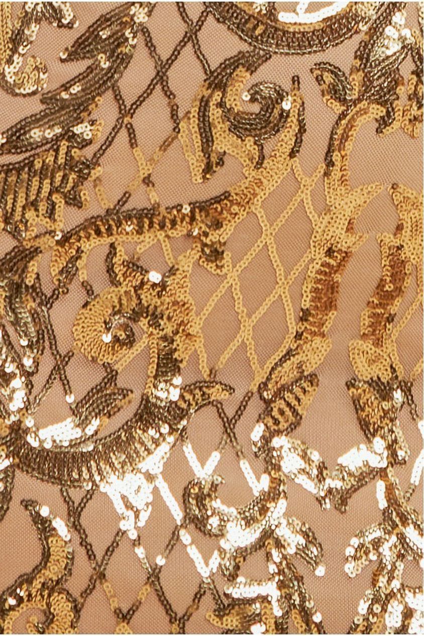 Sequin Square Neck Bodycon Midi Dress With Scalloped Hem - Gold DR4123