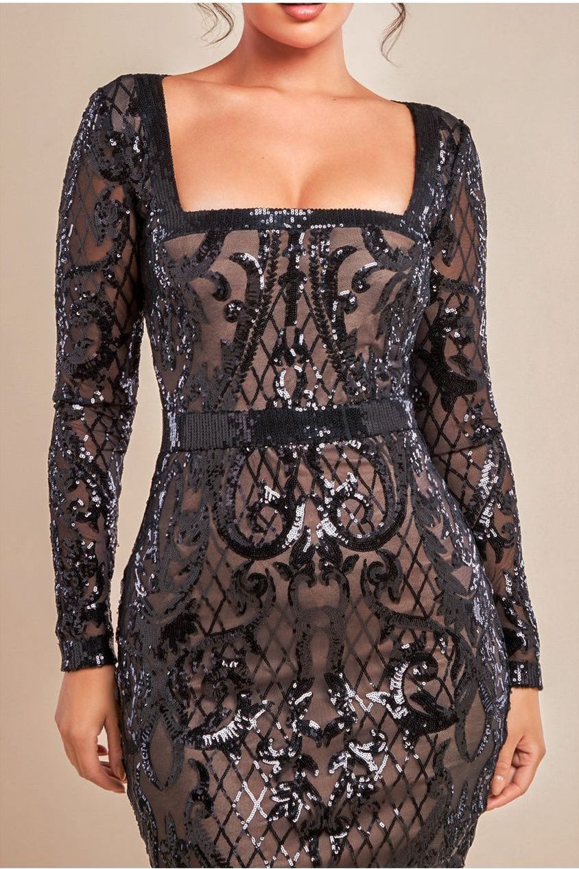 Sequin Square Neck Bodycon Midi Dress With Scalloped Hem - Black DR4123